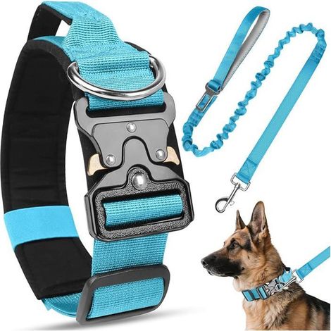 Ensemble collier et laisse tactique militaire pour chien, avec poignée et boucle métal, nylon réglable, taille M - bleu (1/5)