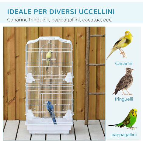 Volière portable avec poignée pour oiseaux, bac amovible et portes, cage pour perruches avec perchoirs en bois, balançoire et mangeoires, 46,5x35,5x92 cm, blanc (1/5)