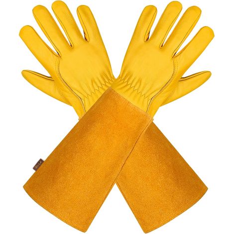 Gants de Jardinage en Cuir Respirant pour Homme et Femme avec Gant Anti-épine, Manches Longues en Cuir de Vache pour Jardinier et Fermier, Jaune L (1/5)