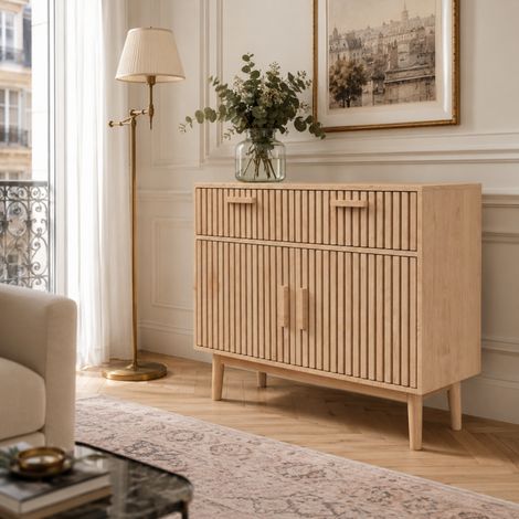 Commode adulte en bois 100x35x80 cm, Buffet de rangement avec 2 tiroirs et 2 portes, pour Salon, Chambre, Salle à Manger, couleur bois naturel (1/5)