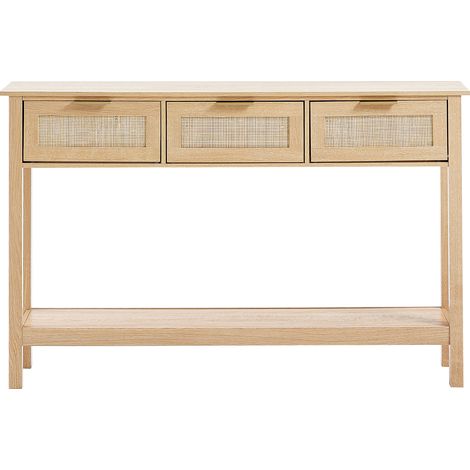Mophorn Mesa consola de ratán con 3 cajones de almacenamiento, mesa de entrada de ratán con puerta corrediza de ratán natural, mesa de sofá consola para sala de estar, estudio, entrada o pared de TV (1/5)