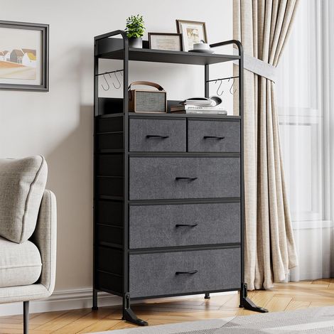GARVEE Commode 5 Tiroirs 60x30x119,5cm Poignées en Bois Massif, Meuble de Rangement Polyvalent pour Chambre, Entrée, Salon - Structure Métal Robuste et Plateau Bois Imperméable (Gris) (1/5)