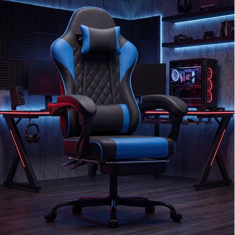 Gaming- und Bürostuhl 66 × 54 × 121–131 cm aus PVC, Schwarz/Blau – MEUBLIV (1/5)