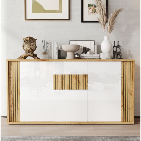 Credenza con 3 ante 140 x 35 x 71 cm in MDF e truciolare bianco/legno naturale (1/5)