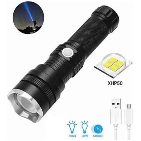 Wiederaufladbare LED-Taschenlampe, superhelle, zoombare taktische Taschenlampe XHP50 mit 6000 Lumen, 3 Leuchtmodi, wasserdicht, ideal für Camping und Wandern. (1/4)
