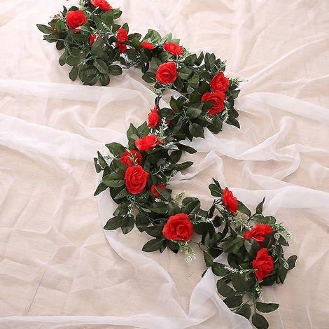 Guirlande d'eucalyptus de 200 cm avec camélias, fleurs artificielles, roses en soie, décoration florale suspendue pour mariagerouge (1/5)