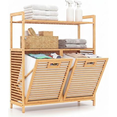 Meuble Salle de Bain avec Panier à Linge, 80 x 30 x 92 cm Panier à Linge en Bambou avec 2 Sacs en Tissu Amovibles, Étagères Ouvertes, Armoire à Linge (1/5)