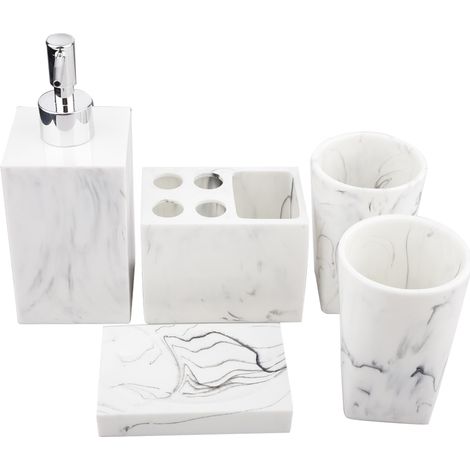 Ensemble d'accessoires de salle de bain en résine effet marbre avec porte-savon, porte-brosse à dents et distributeur de savon liquide (1/5)