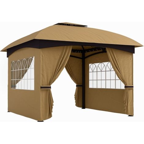 Pavillon jardin beige 3,4×3,4m cadre acier, toit ventilé et fenêtres cintrées, idéal pour réceptions extérieures (1/5)