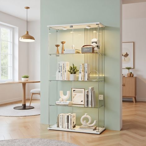 HYTKKBD - Vitrine en Verre avec Éclairage LED,2 Portes,4 Étagères,Vitrine pour Collection,Dimensions 164x80x36 cm,Vitrine Salon,Verre Trempé Transparent,Blanc