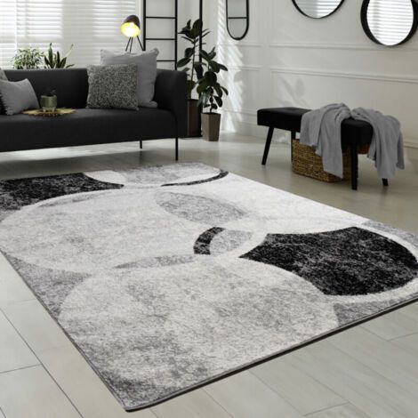 Tapis De Créateur Contemporain Avec Cercles Marbré En Gris Noir Crème 60x100 cm