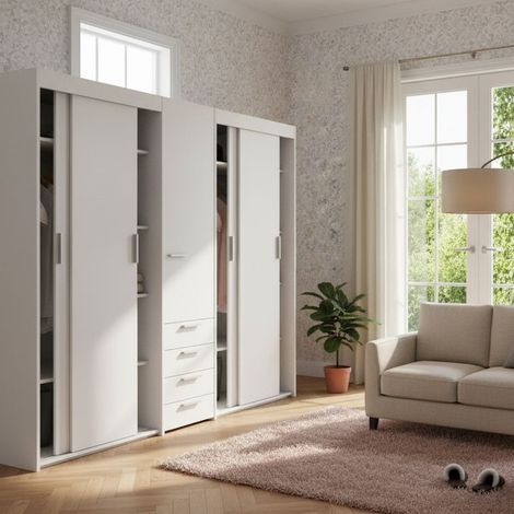 Armadio scorrevole L.225 cm con cassettiera centrale integrata - Ecru cappuccino