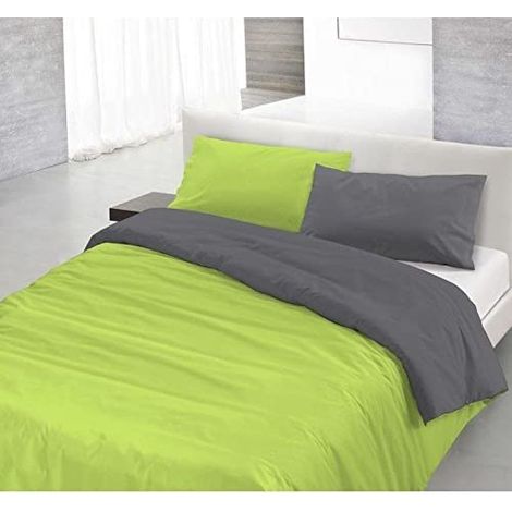 Copripiumino sacco+federa 100%cotone made in Italy 3 misure bicolore tinta unita Verde acido/Fumo - Piazza e mezza