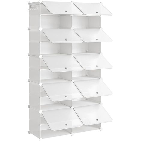 Étagère à Chaussures avec 10 Compartiments, Boîte à Chaussures, Armoire à Chaussures, Étagère Modulable en Plastique, Compartiment de 40 x 30 x 30 cm, avec Porte, Blanc (1/5)