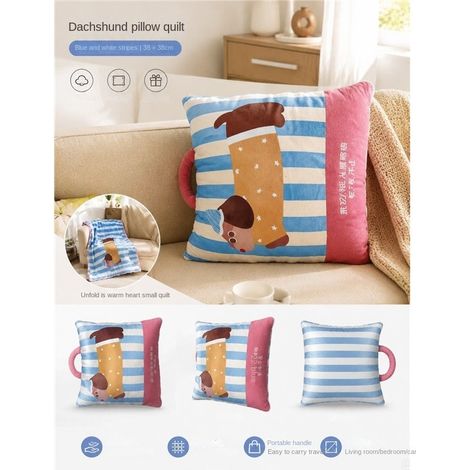 Coussin couverture teckel rayures bleues blanches 38x38 cm multifonction doux moelleux coussin plaid enfant canapé (1/5)
