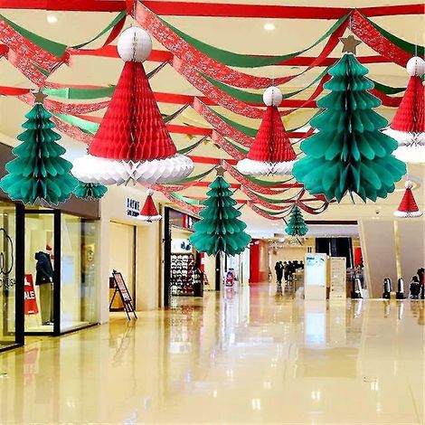 Décoration de Noël en papier nid d'abeille, chapeau à suspendre au sapin, rouge et vert, 2 pièces