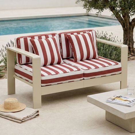 Canapé de jardin 2 places en alu crème et housse à rayures rouges
