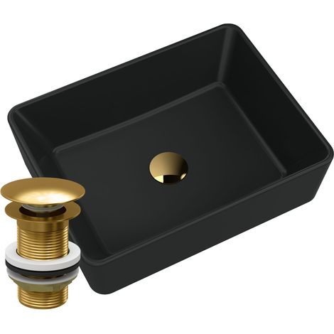 Lavabo en Granit à Poser Merano Noir avec Bouchon Cliquet Doré - 1 Pièce (1/5)