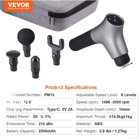 Pistolet de massage, 6 niveaux de vitesse réglables, 4 têtes de massage interchangeables, batterie de 2500mAh (1/2)