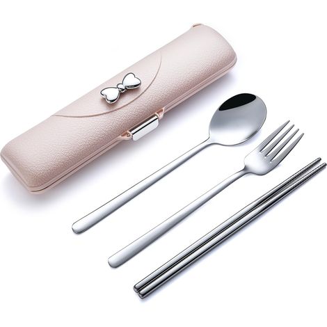 Set de couverts de voyage portable (avec étui de rangement) — Réutilisable, en acier inoxydable 18/8, idéal pour le camping et les pique-niques, et compatible lave-vaisselle. (1/5)