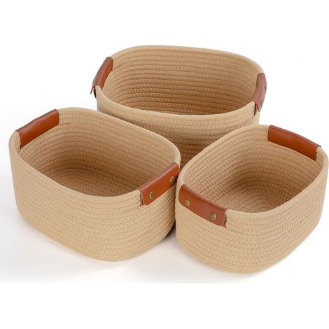 Lot de 3 Panier Rangement, Coton Tressé, Poignées en Cuir, Design Rectangulaire, Pour Salle de Bain, Cuisine, Chambre (1/5)