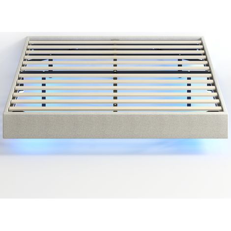 Schwebendes Bettgestell 140 x 190 cm mit LED-Beleuchtung, Doppelbettbezug aus Leinen, Lattenrost aus Holz, beige (1/5)