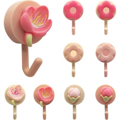 Lot de 8 crochets muraux décoratifs en forme de fleurs, roses et adhésifs, pour objets légers - Petits crochets décoratifs pour la maison, la cuisine, la salle de bain et le bureau (1/5)