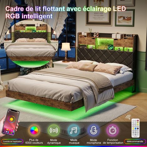 Lit suspendu 140x200 cm - Métal - LED intégrée - Rangement pratique - Design moderne (1/5)