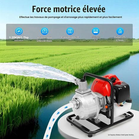 Pompe à eau 2 temps, 43cc 1.25KW Pompes à Moteur à Temps, Pompe à eau portable, Pompes de jardin, Hauteur de Refoulement 30 m, Débit 135 L/min, avec Filtre et Bouteille d‘Huile