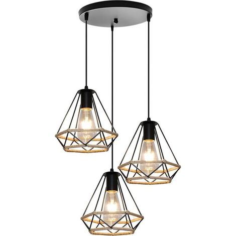 Suspension 3 lampes, suspension industrielle pour salle à manger et chambre, suspension cage en métal noir, ampoules E27 non incluses. (1/5)