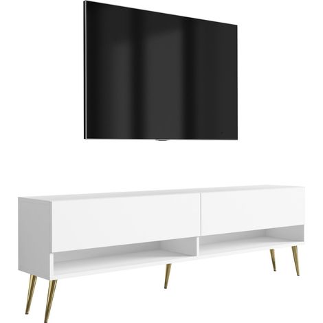 Meuble TV 170 cm Blanc Mat, pieds obliques dorés, 170 × 32 × 52 cm (1/5)