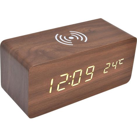 Sveglia digitale in legno, radio 12/24 ore, orologio elettronico a LED con stazione di ricarica rapida wireless, misurazione automatica della temperatura, orologio digitale a LED in legno (6,3 x 2,8 x (1/4)