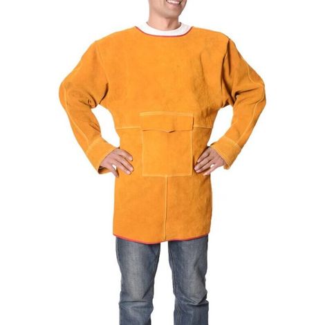 SABIR Tablier de Soudeur,Veste de Soudeur en Cuir résistant au feu de Tablier en Cuir avec Cuir de Vachette et vêtements de Protection pour Tablier d'artisan, Jaune, 85CM (1/5)