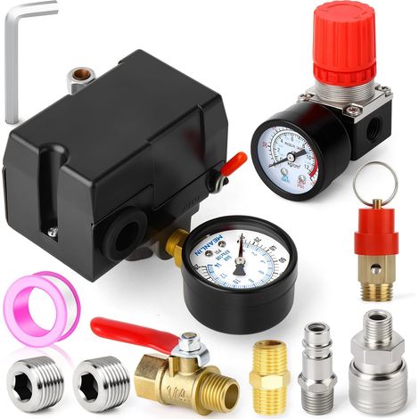 Air Compressor Pressure Switch Control Valve 9.312 Bar/135-175 PSI 110V-240V 4 Way Replacement Parts with 0-14 Bar Air Compressor Regulator and Safety Valve (1/5)