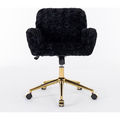 Chaise de coiffure fourrure lapin noire pivotante hauteur ajustable, accoudoirs, base dorée DE1831BK (1/4)