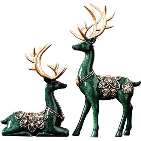 Statuen für die Inneneinrichtung, Figuren, Skulpturen, modern, 11,4 große Hirschdekorationen, Mitteltisch, Wohnzimmer, Harz, 2 Stück, große Regalakzente, Bücherregal, Kaminartikel, weihnachtliches grü (1/4)