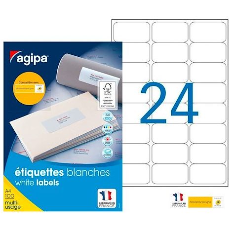 Etiquette adresse jet d'encre et laser 63,5 x 33,9 mm Agipa 101309 blanche - Boîte de 2400