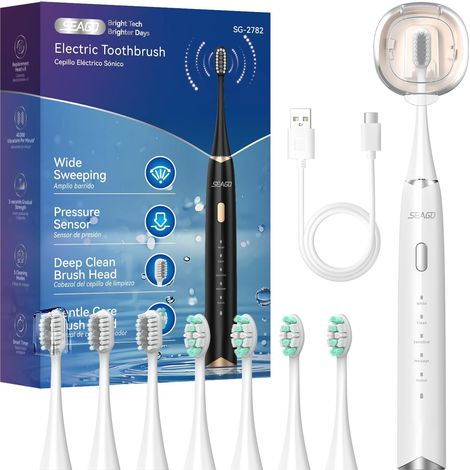 brosse à dent électrique, brosse a dent sonique avec capteur de pression, 60 jours pour voyager, 8 têtes et porte brosse à dents electrique, 5 modes, IPX7, SG2782,Blanc (1/5)