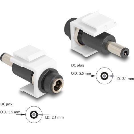 Delock MÃ³dulo Keystone DC 5,5 x 2,1 mm hembra a CC 5,5 x 2,1 mm macho blanco