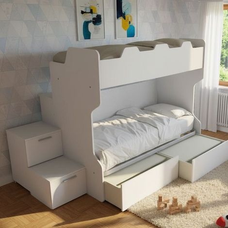 Letto a castello salvaspazio con scala a cassettoni e camminatoio - Bianco