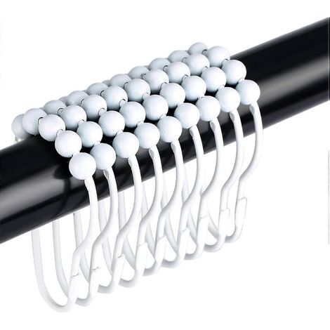 Set mit 12 Duschvorhanghaken aus Edelstahl mit polierten Metallkugeln für das Badezimmer, weiß