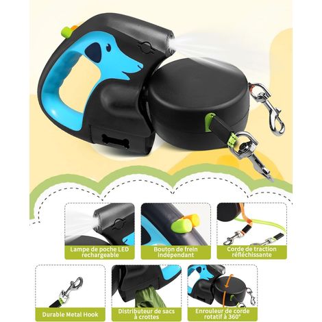 Laisse rétractable pour chien avec lampe LED intégrée et distributeur de sacs, double laisse pour promenade nocturne