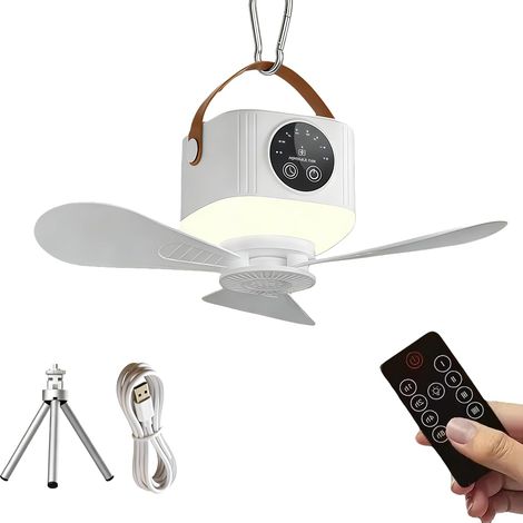 Ventilateur de camping portable avec lumière LED, batterie rechargeable 7200 mAh, 4 vitesses, minuterie, ventilateur de plafond pour camping, tente, chambre (blanc) (1/5)