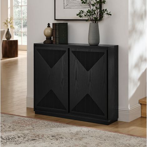 Credenza stretta in stile Mid-Century con vani portaoggetti, frontale con scanalatura a V, mobile per soggiorno o ingresso, nera (1/5)