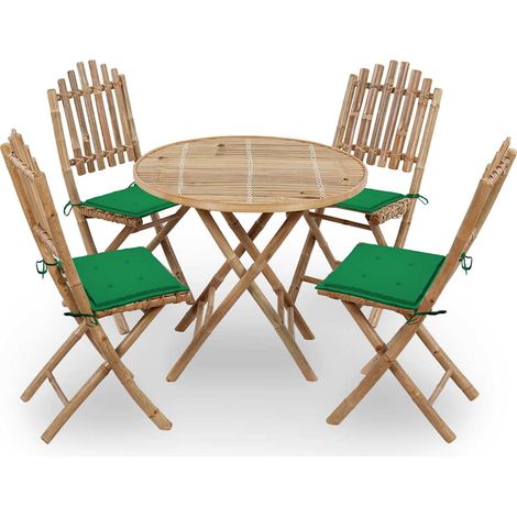 Ensemble Table et Chaise de Jardin 5 pcs - Mobilier à dîner d'extérieur pliable avec coussins Bambou BV598619 - BonneVie (1/5)