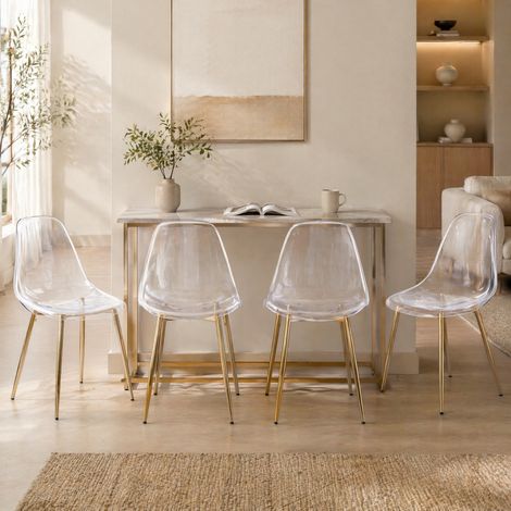 Lot de 4 chaises transparentes design avec pieds métal doré pour salle à manger – dimensions sur demande (1/5)