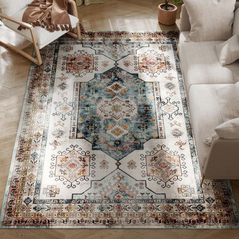 Tapis Vintage Salon Motif Floral Poil Court Lavable Antidérapant 160x230 cm (1/5)