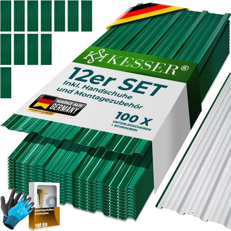 KESSER® 12 x lamiera profilata trapezoidale 129cm x 45cm = 7 m² - lastra di copertura per capannone pannelli di copertura in acciaio zincato 0 25mm incl. guanti di montaggio verde
