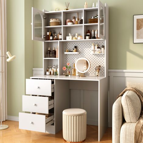 Bureau multifonction avec armoire intégrée, bibliothèque, panneau perforé et 3 tiroirs, 100 cm, blanc, gain de place pour home office et étude - CHICFURN (1/5)