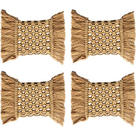 Sous-Verre En Rotin Et Macramé - Absorbant Et Protecteur De Chaleur - Pour Salon Cuisine Bureau - Lot De 4 (1/5)
